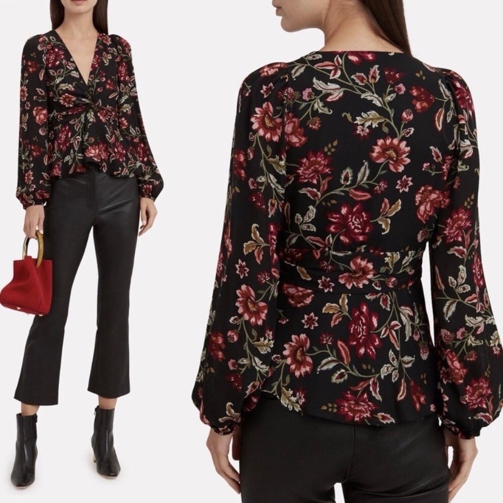 A.L.C. ALC 100% Silk Floral Blouse Womens 2 Black Pink V-Neck Top Romantic